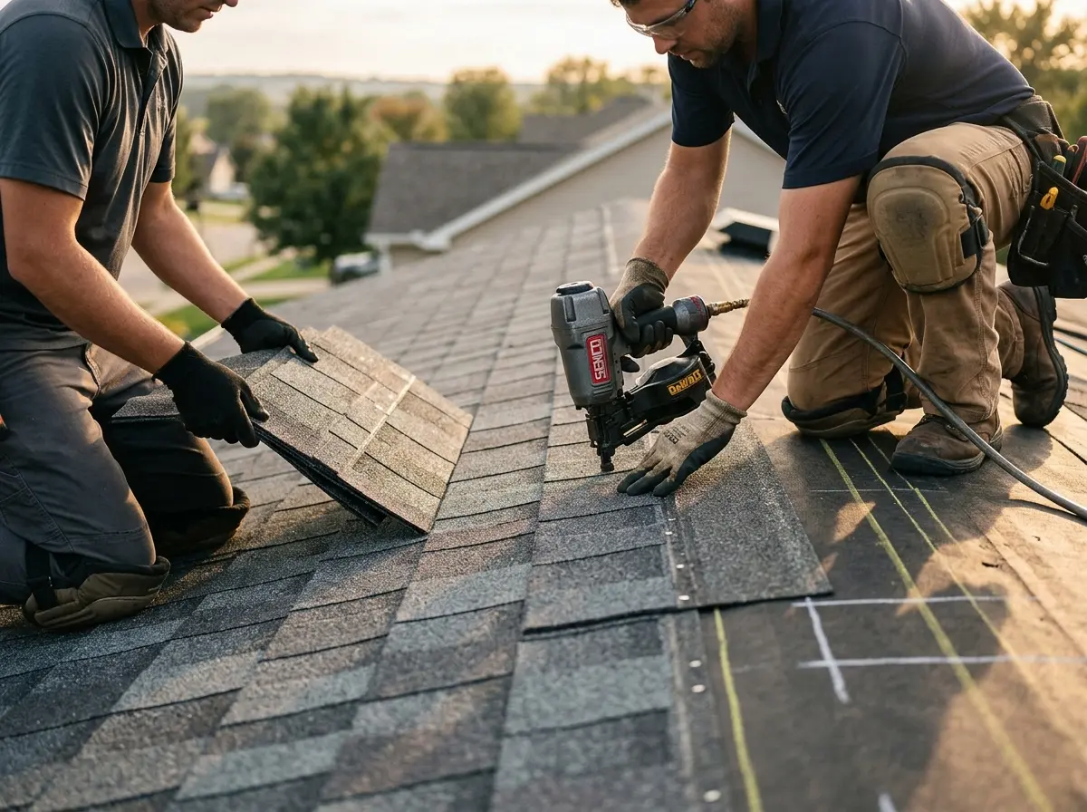 Professional roofer working on a residential roof in Chowchilla